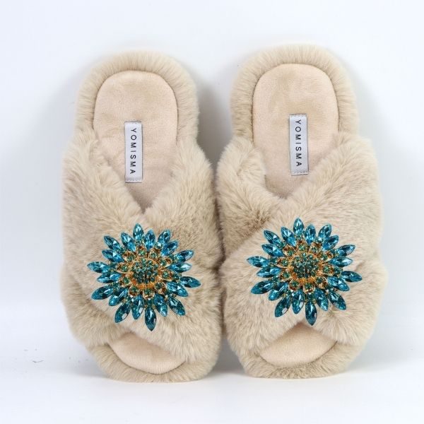 Faux Fur Slippers - Global Recycled Standard Certified with Turquoise Jewel Embellishments