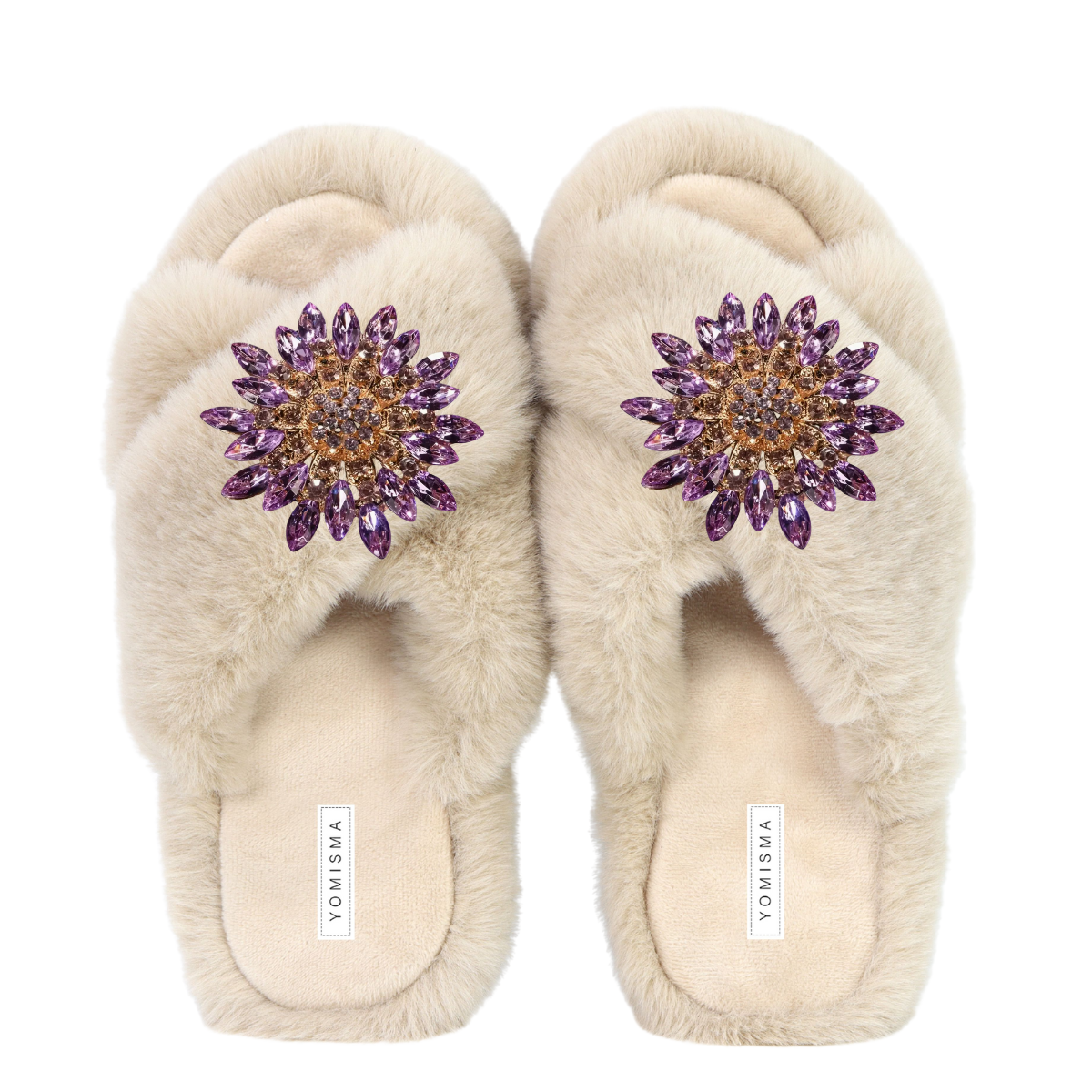 Faux Fur Slippers - Global Recycled Standard Certified with Lavender Jewel Embellishments