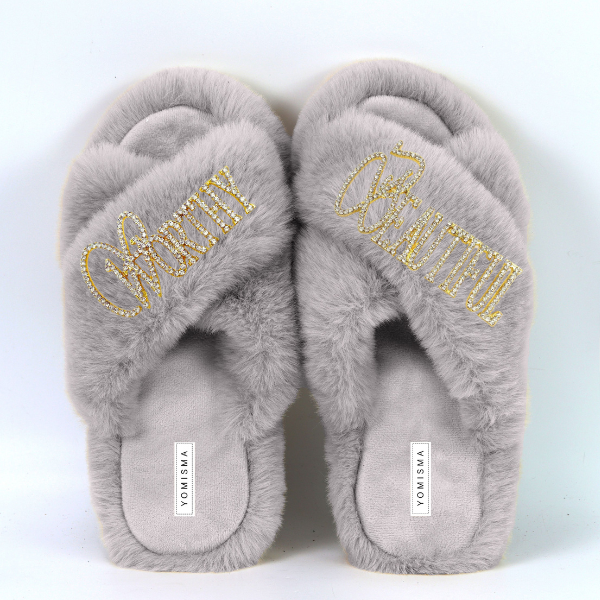 Faux Fur Slippers - Global Recycled Standard Certified with Worthy + Beautiful Embellishment