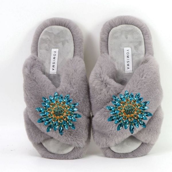 Faux Fur Slippers - Global Recycled Standard Certified with Turquoise Jewel Embellishments