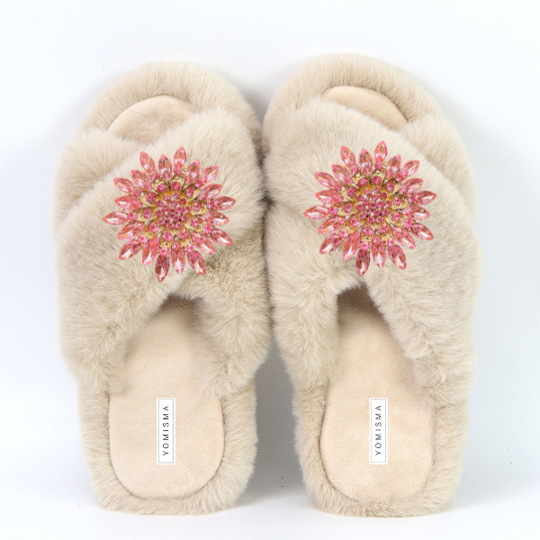 Faux Fur Slippers - Global Recycled Standard Certified with Pink Jewel Embellishments