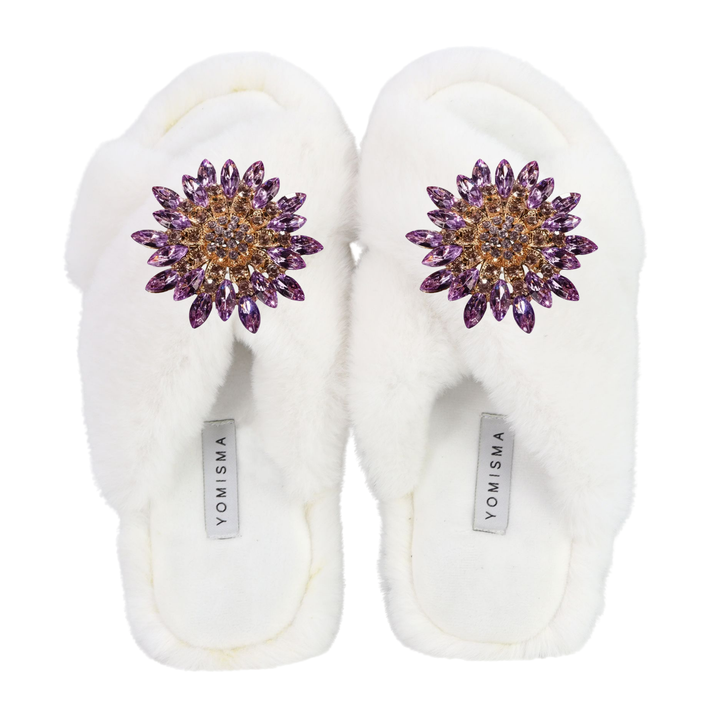 Faux Fur Slippers - Global Recycled Standard Certified with Lavender Jewel Embellishments