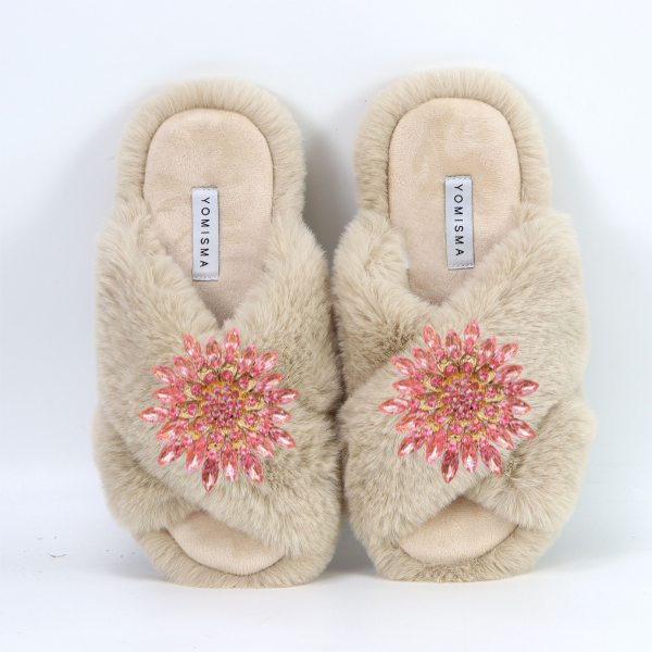 Faux Fur Slippers - Global Recycled Standard Certified with Pink Jewel Embellishments