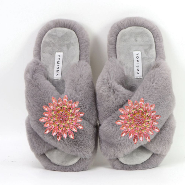 Faux Fur Slippers - Global Recycled Standard Certified with Pink Jewel Embellishments