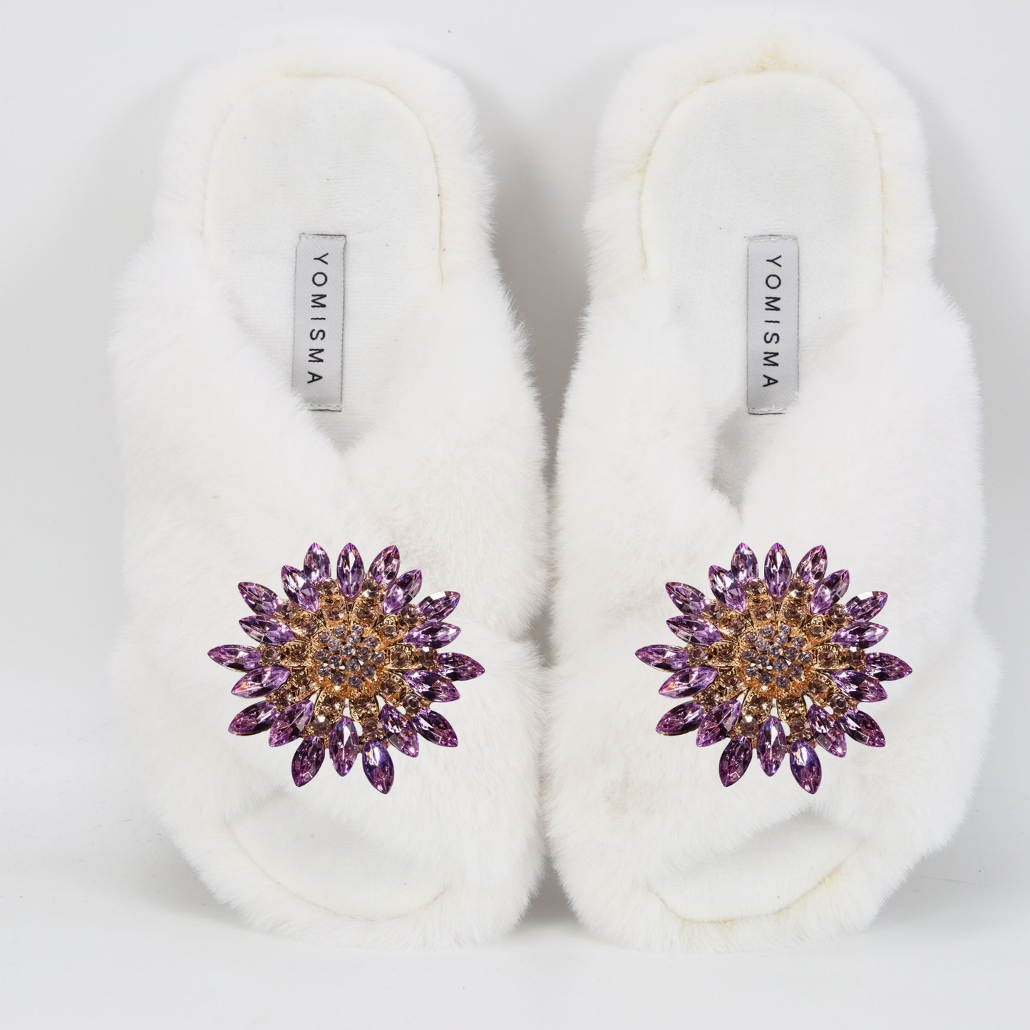 Faux Fur Slippers - Global Recycled Standard Certified with Lavender Jewel Embellishments