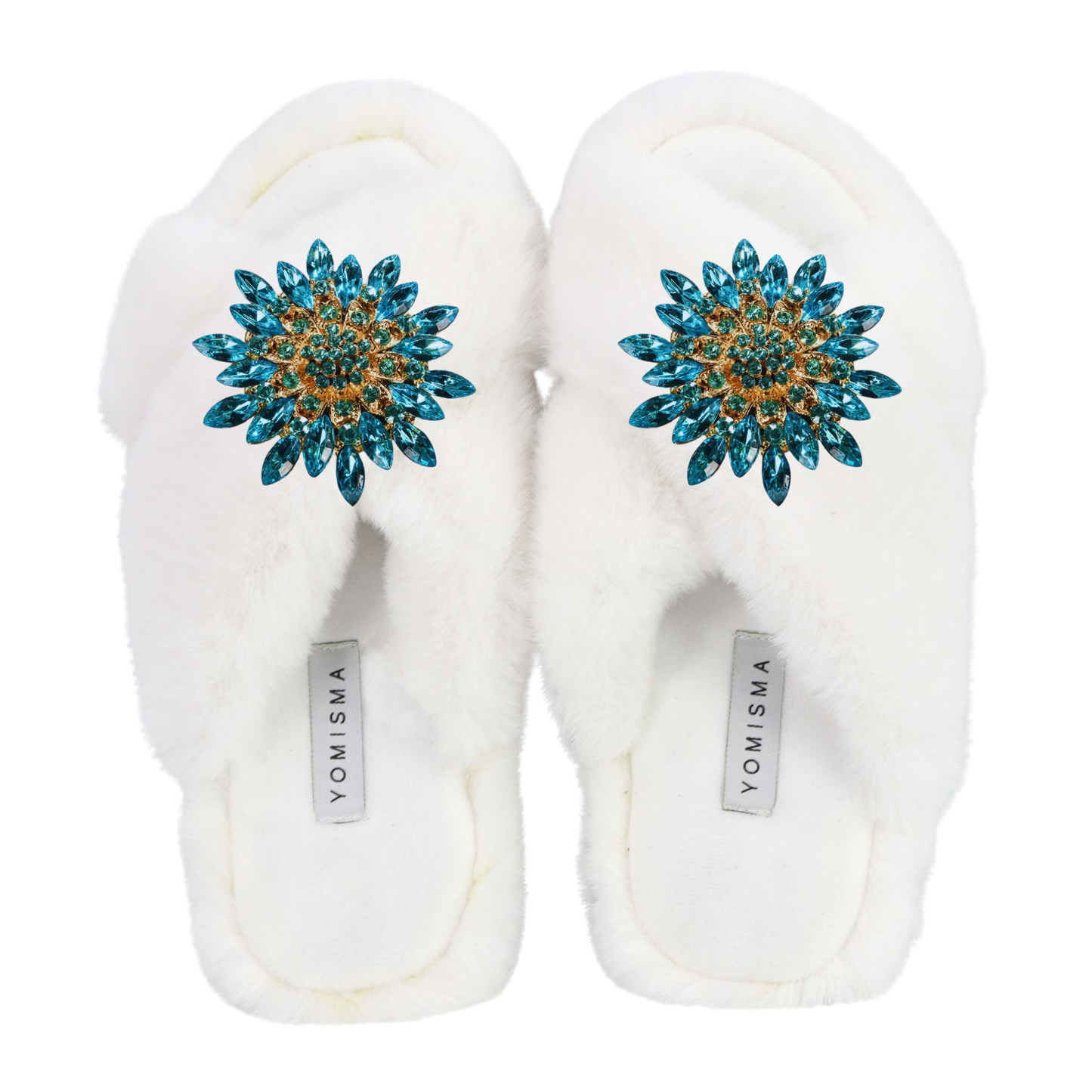 Faux Fur Slippers - Global Recycled Standard Certified with Turquoise Jewel Embellishments