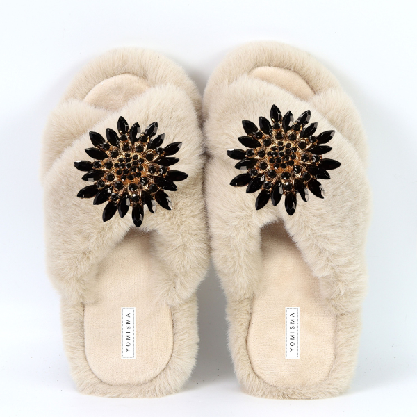 Faux Fur Slippers - Global Recycled Standard Certified with Black Embellishments