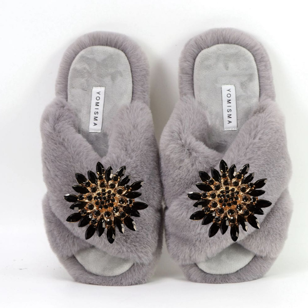 Faux Fur Slippers - Global Recycled Standard Certified with Black Embellishments