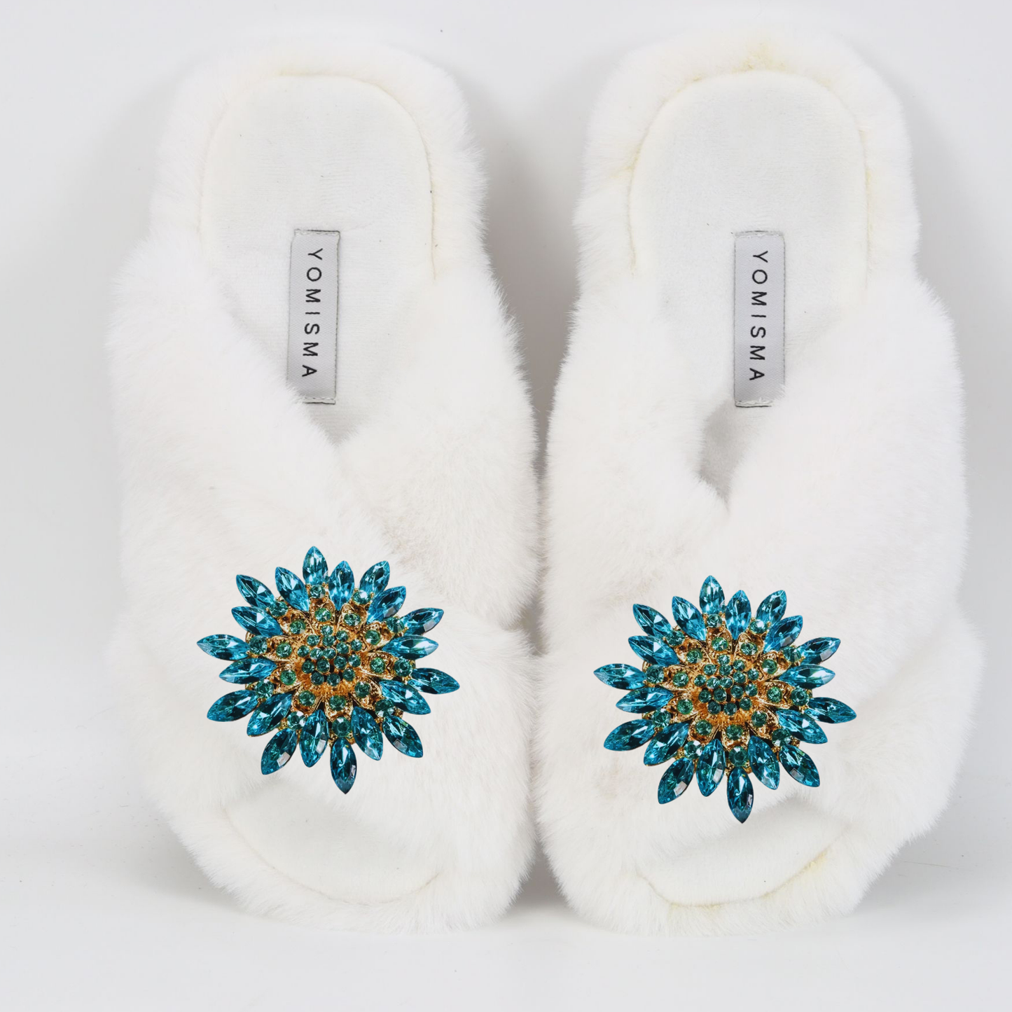 Faux Fur Slippers - Global Recycled Standard Certified with Turquoise Jewel Embellishments