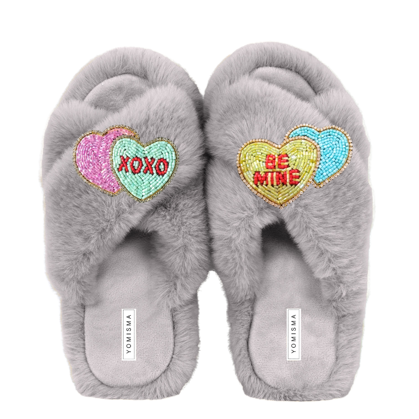 Faux Fur Slippers - Global Recycled Standard Certified with Valentines "Be Mine/XO"  Embellishments