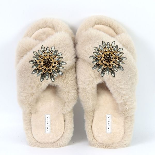 Faux Fur Slippers - Global Recycled Standard Certified with Grey Tourmaline Jewel Embellishments