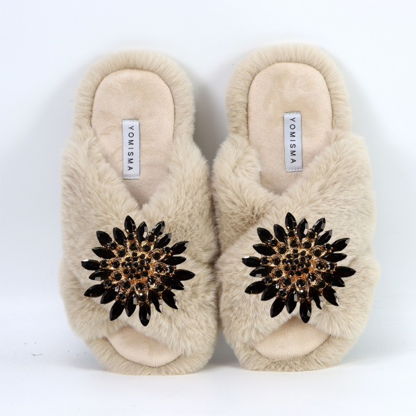 Faux Fur Slippers - Global Recycled Standard Certified with Black Embellishments