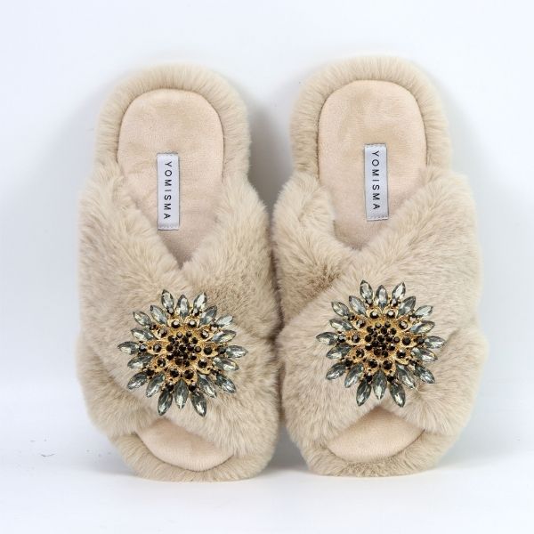 Faux Fur Slippers - Global Recycled Standard Certified with Grey Tourmaline Jewel Embellishments