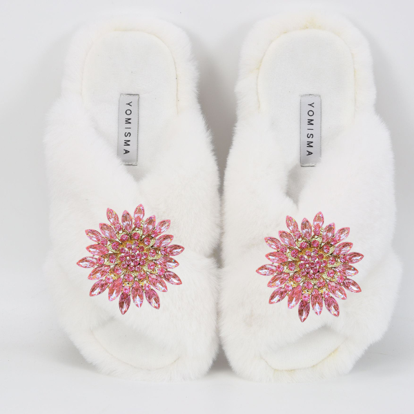 Faux Fur Slippers - Global Recycled Standard Certified with Light Pink Jewel Embellishments (Copy)