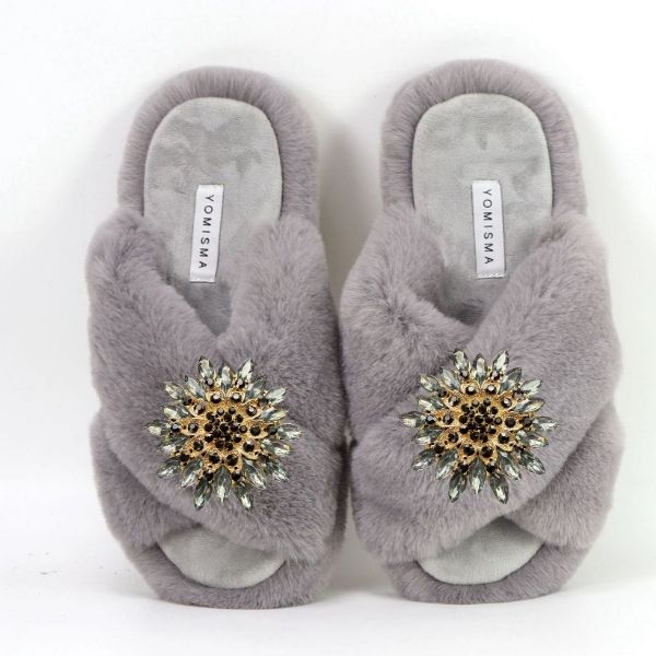 Faux Fur Slippers - Global Recycled Standard Certified with Grey Tourmaline Jewel Embellishments