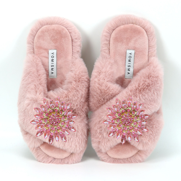 Faux Fur Slippers - Global Recycled Standard Certified with Light Pink Jewel Embellishments (Copy)