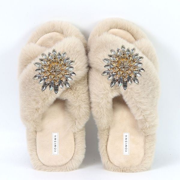 Faux Fur Slippers - Global Recycled Standard Certified with Clear Jewel Embellishments