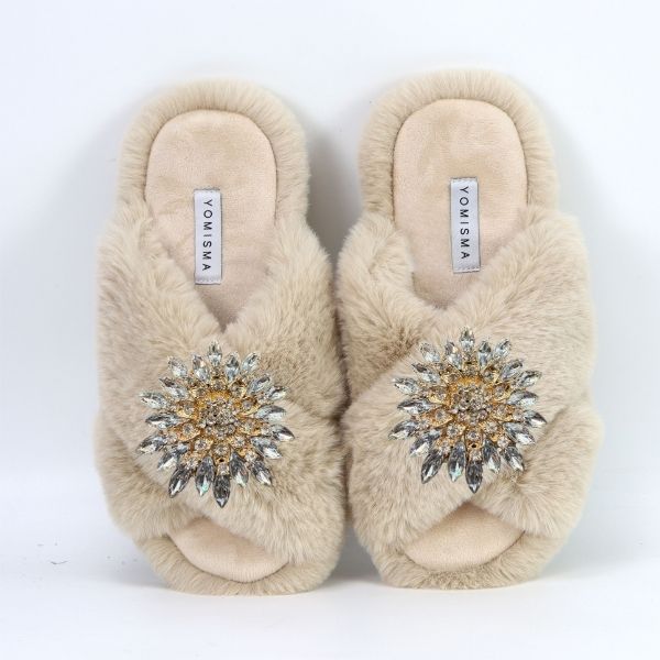 Faux Fur Slippers - Global Recycled Standard Certified with Clear Jewel Embellishments