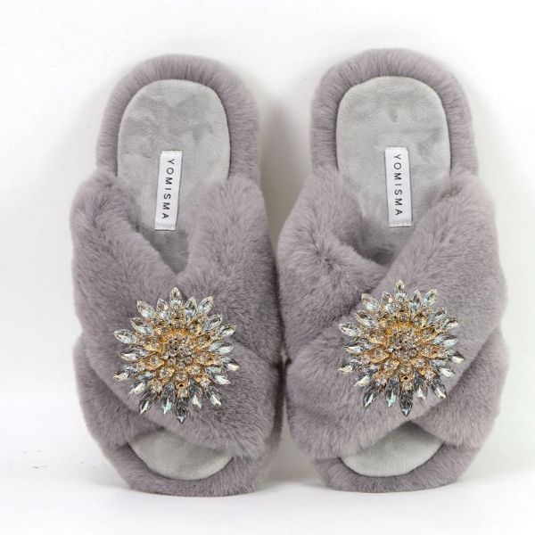 Faux Fur Slippers - Global Recycled Standard Certified with Clear Jewel Embellishments