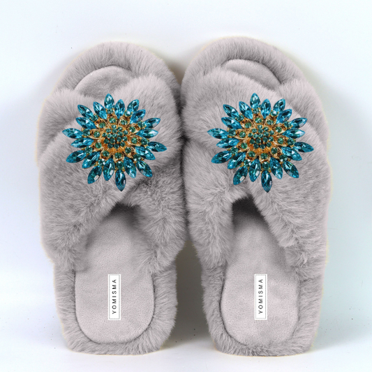 Faux Fur Slippers - Global Recycled Standard Certified with Turquoise Jewel Embellishments