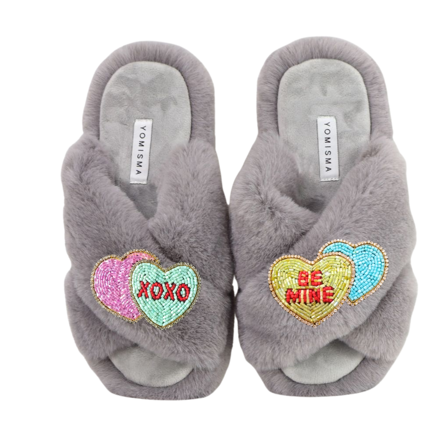 Faux Fur Slippers - Global Recycled Standard Certified with Valentines "Be Mine/XO"  Embellishments