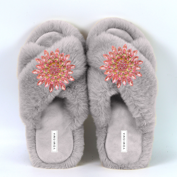 Faux Fur Slippers - Global Recycled Standard Certified with Pink Jewel Embellishments