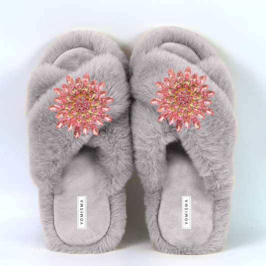 Faux Fur Slippers - Global Recycled Standard Certified with Pink Jewel Embellishments