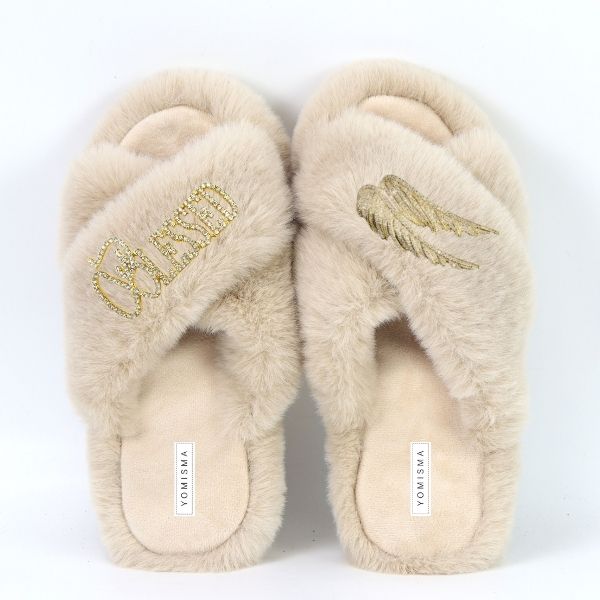 Faux Fur Slippers - Global Recycled Standard Certified with Blessed + Angel Wing Embellishment