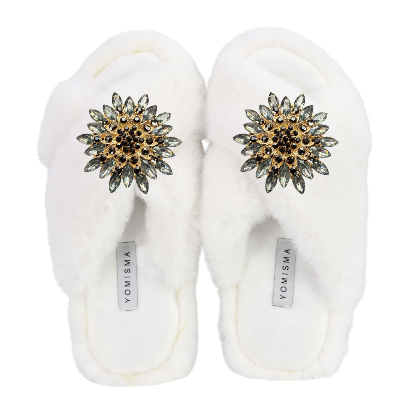 Faux Fur Slippers - Global Recycled Standard Certified with Grey Tourmaline Jewel Embellishments