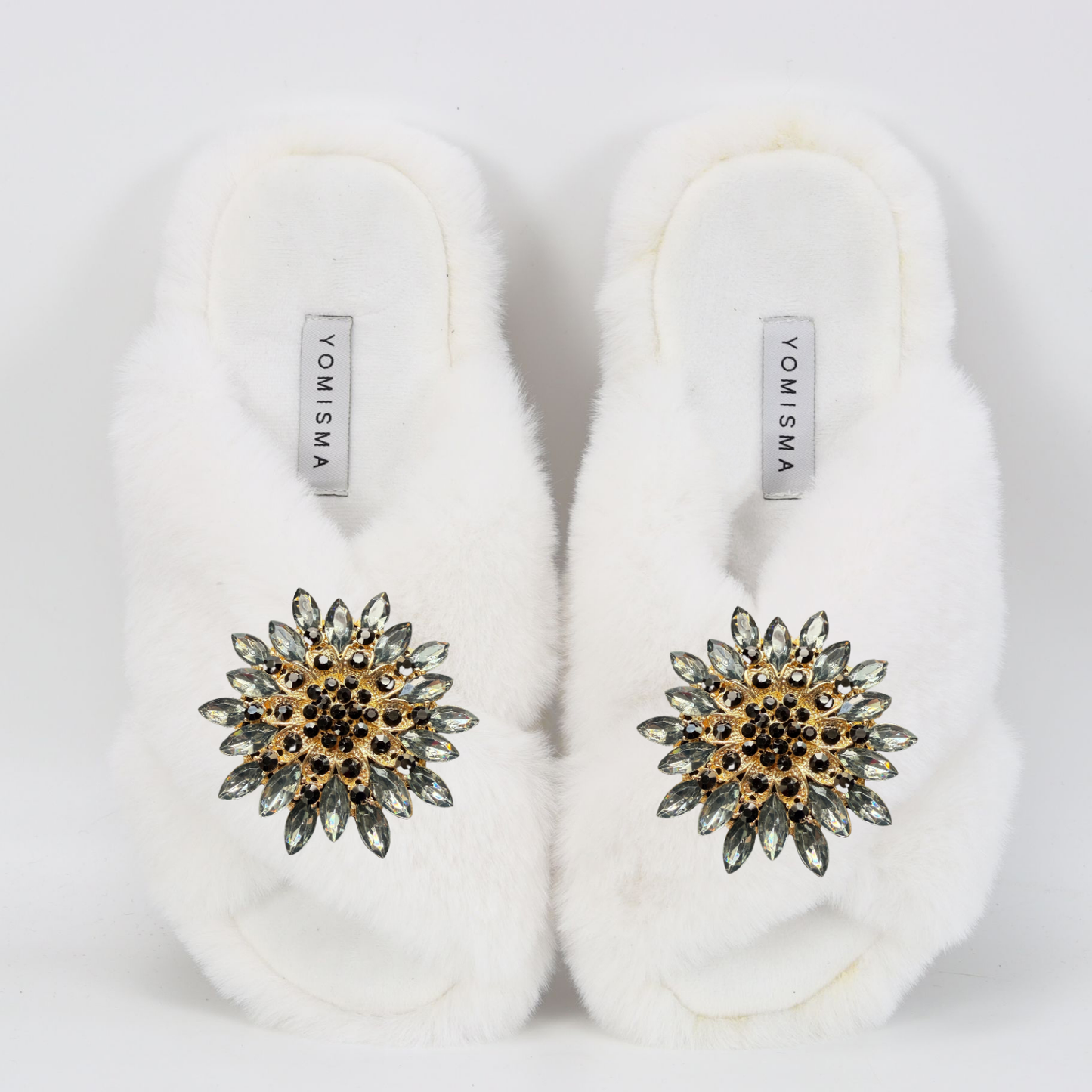 Faux Fur Slippers - Global Recycled Standard Certified with Grey Tourmaline Jewel Embellishments