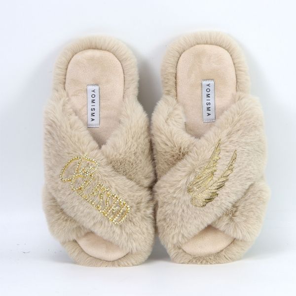 Faux Fur Slippers - Global Recycled Standard Certified with Blessed + Angel Wing Embellishment