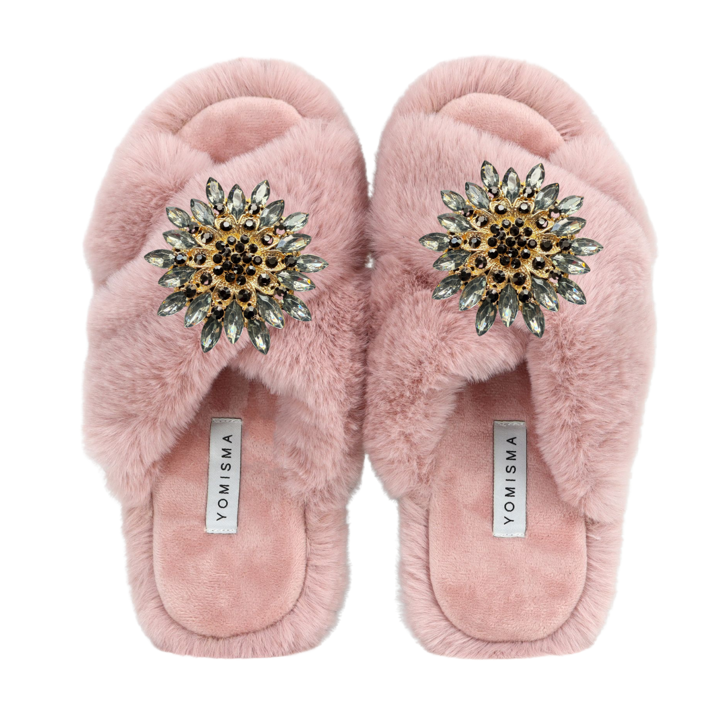 Faux Fur Slippers - Global Recycled Standard Certified with Grey Tourmaline Jewel Embellishments