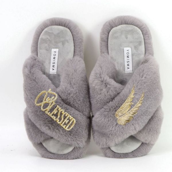 Faux Fur Slippers - Global Recycled Standard Certified with Blessed + Angel Wing Embellishment