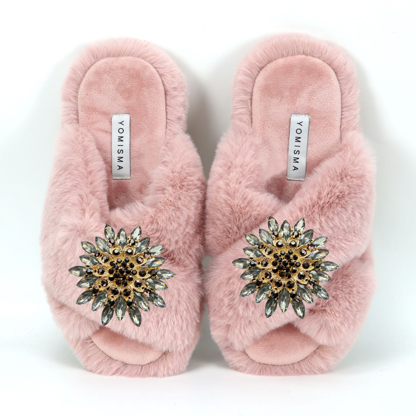 Faux Fur Slippers - Global Recycled Standard Certified with Grey Tourmaline Jewel Embellishments