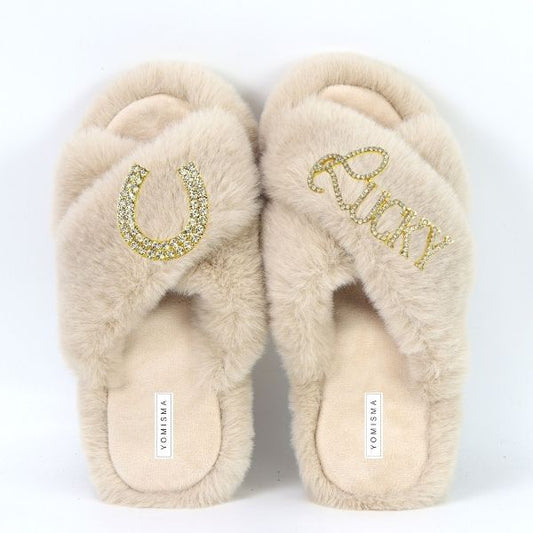 Faux Fur Slippers - Global Recycled Standard Certified with Lucky + Horse Shoe Embellishment