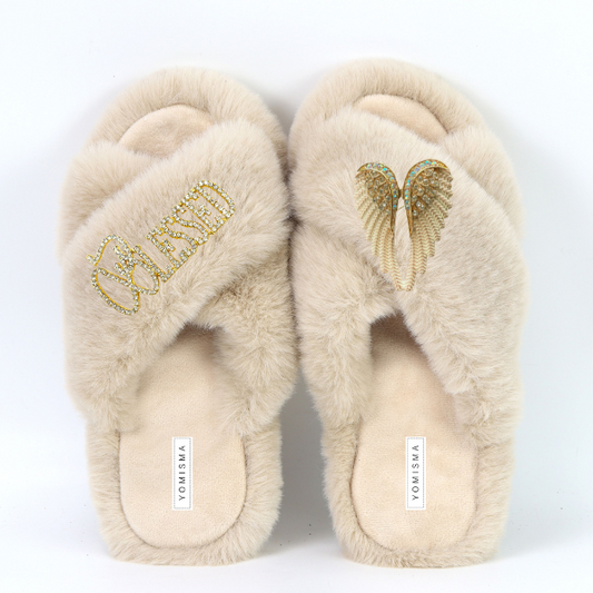 Faux Fur Slippers - Global Recycled Standard Certified with Blessed + Angel Wing Embellishment (Option 2)