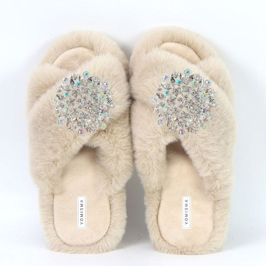 Faux Fur Slippers - Global Recycled Standard Certified with Iridescent Jewel Embellishments