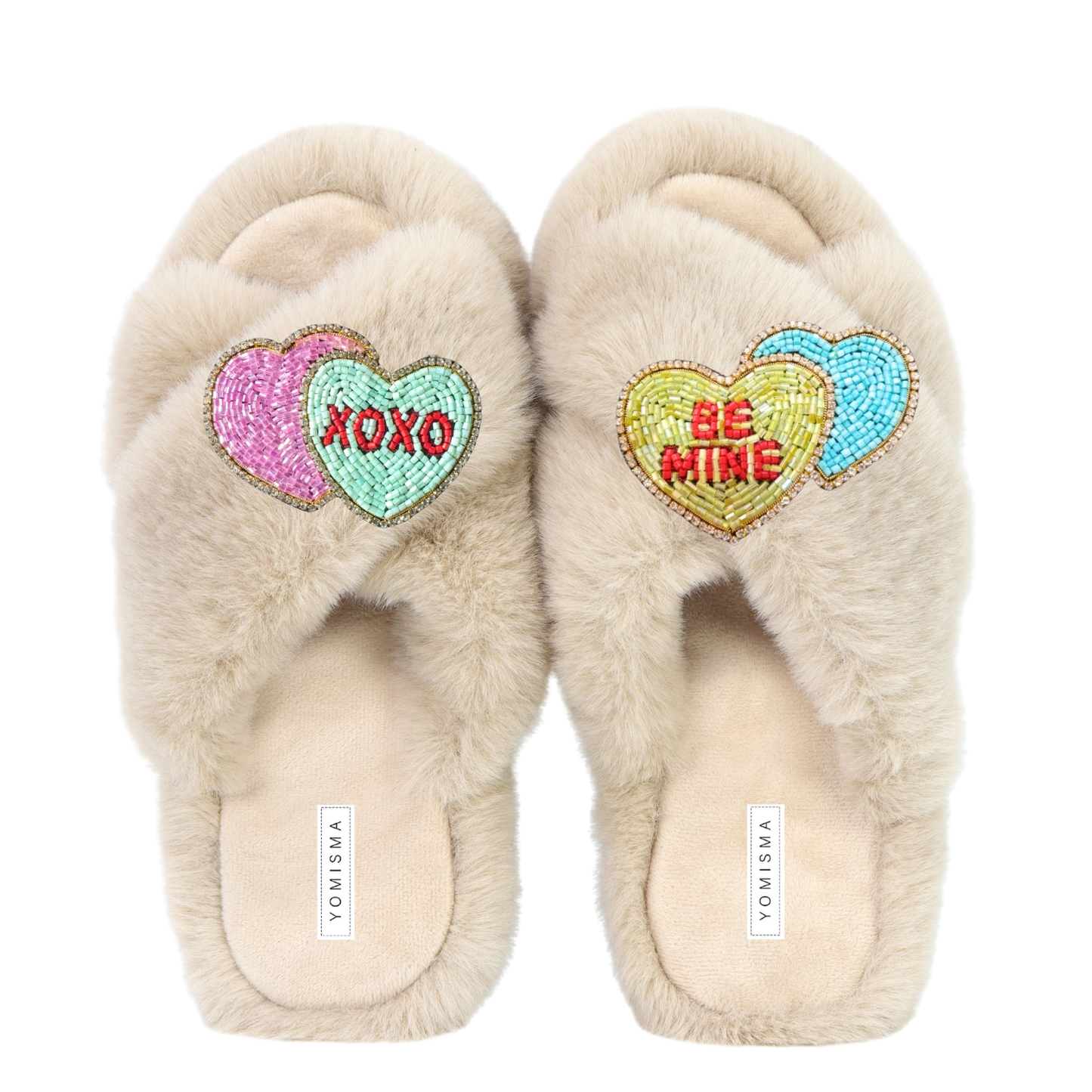 Faux Fur Slippers - Global Recycled Standard Certified with Valentines "Be Mine/XO"  Embellishments