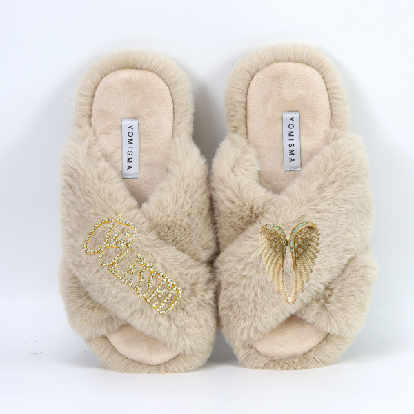 Faux Fur Slippers - Global Recycled Standard Certified with Blessed + Angel Wing Embellishment (Option 2)