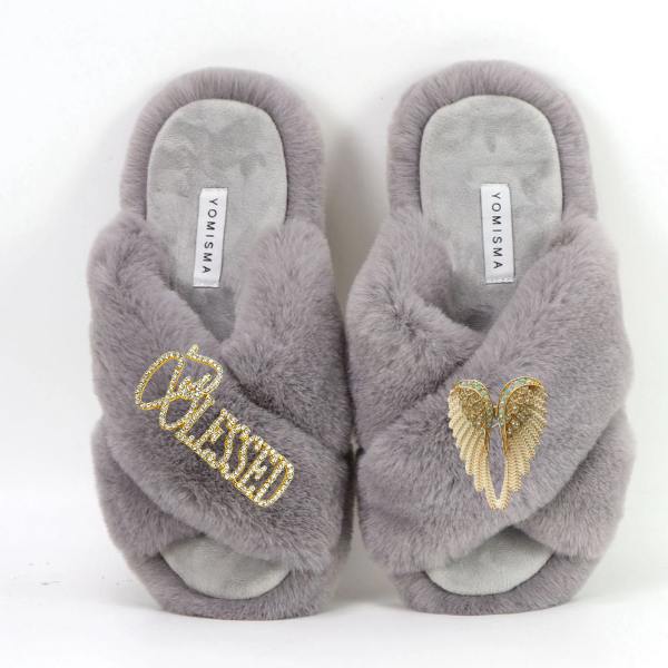 Faux Fur Slippers - Global Recycled Standard Certified with Blessed + Angel Wing Embellishment (Option 2)