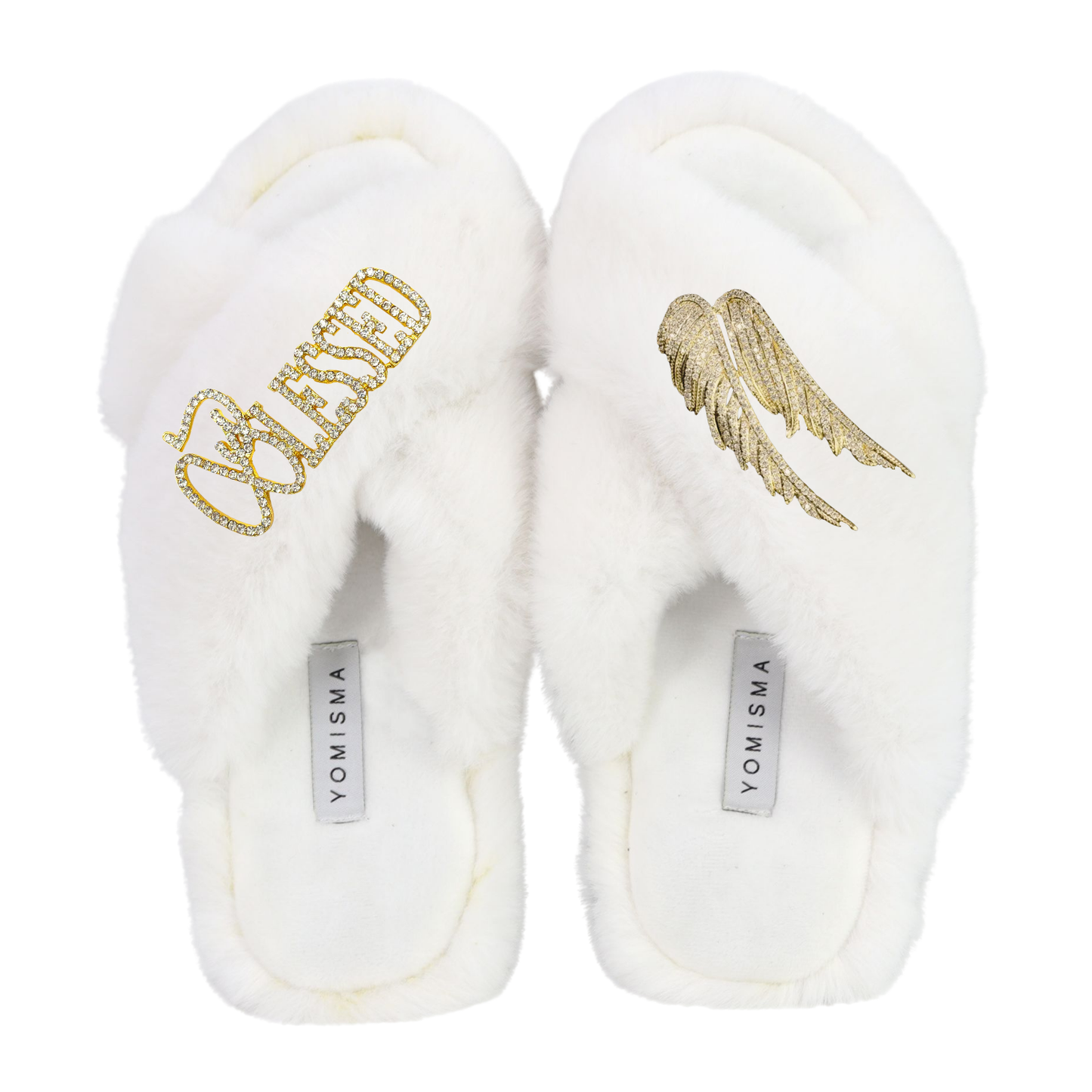 Faux Fur Slippers - Global Recycled Standard Certified with Blessed + Angel Wing Embellishment