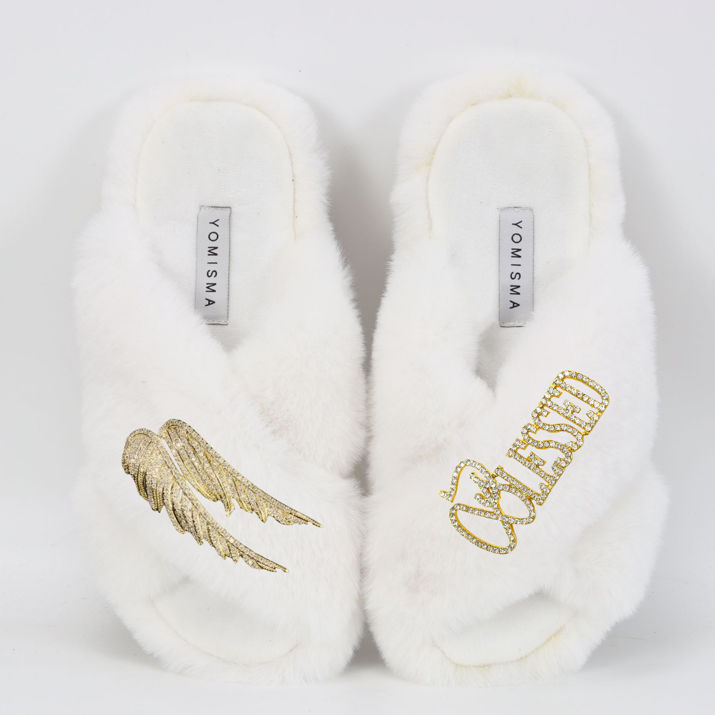 Faux Fur Slippers - Global Recycled Standard Certified with Blessed + Angel Wing Embellishment