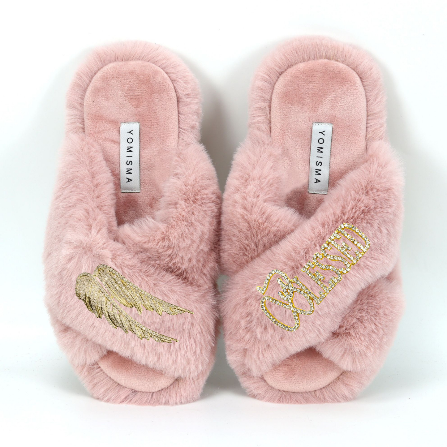 Faux Fur Slippers - Global Recycled Standard Certified with Blessed + Angel Wing Embellishment