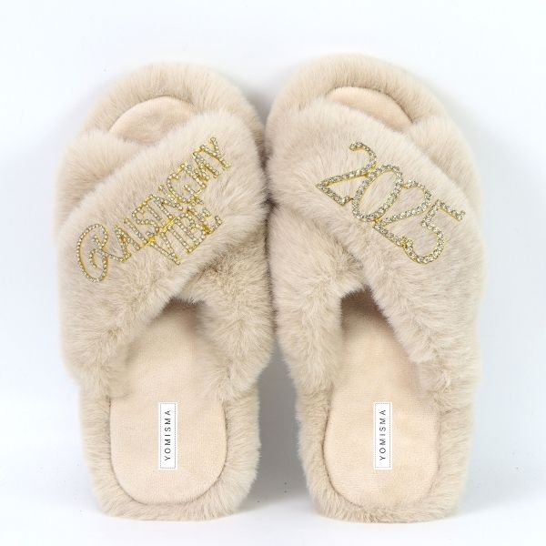 Faux Fur Slippers - Global Recycled Standard Certified with Raising My Vibe + 2025 Embellishment