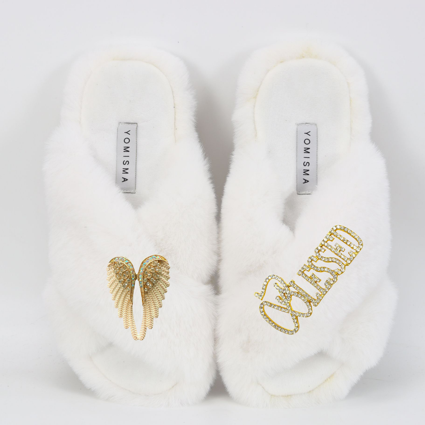 Faux Fur Slippers - Global Recycled Standard Certified with Blessed + White Angel Wing Embellishment