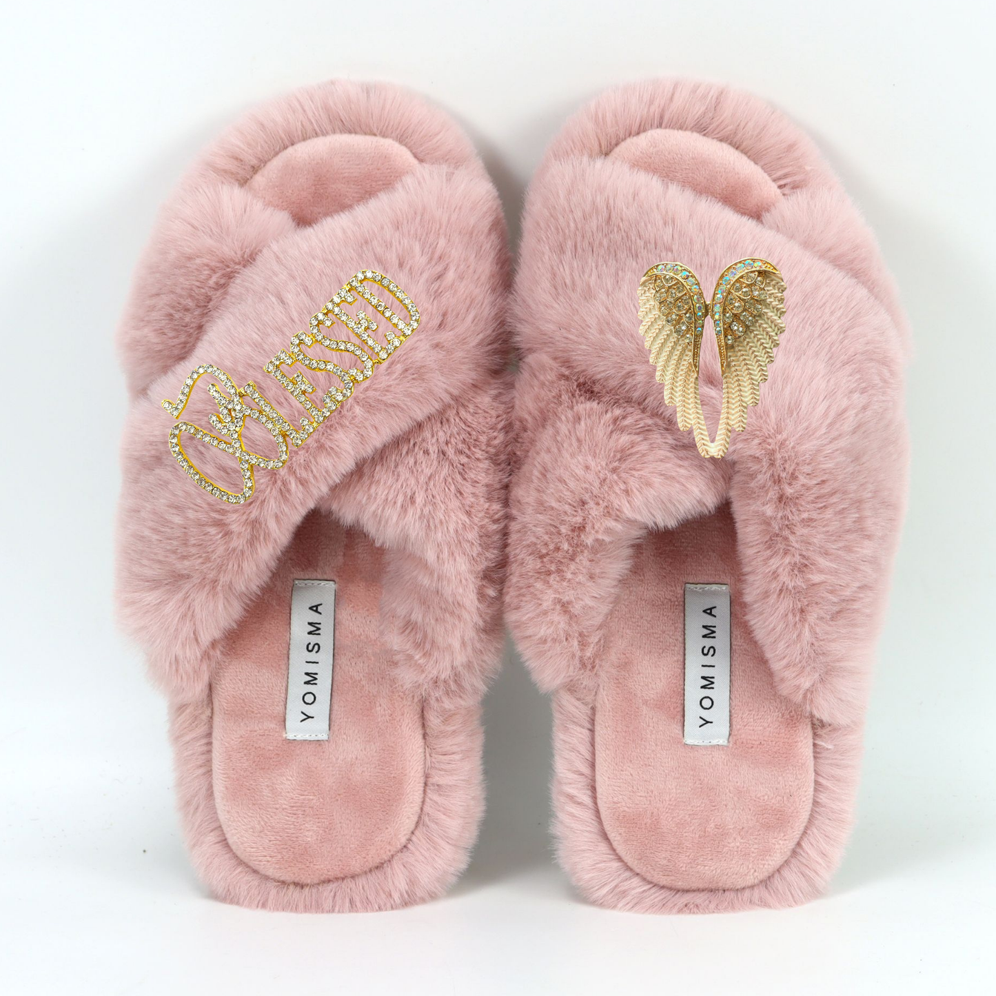 Faux Fur Slippers - Global Recycled Standard Certified with Blessed + White Angel Wing Embellishment