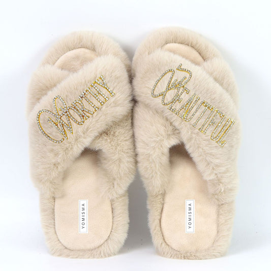 Faux Fur Slippers - Global Recycled Standard Certified with Worthy + Beautiful Embellishment