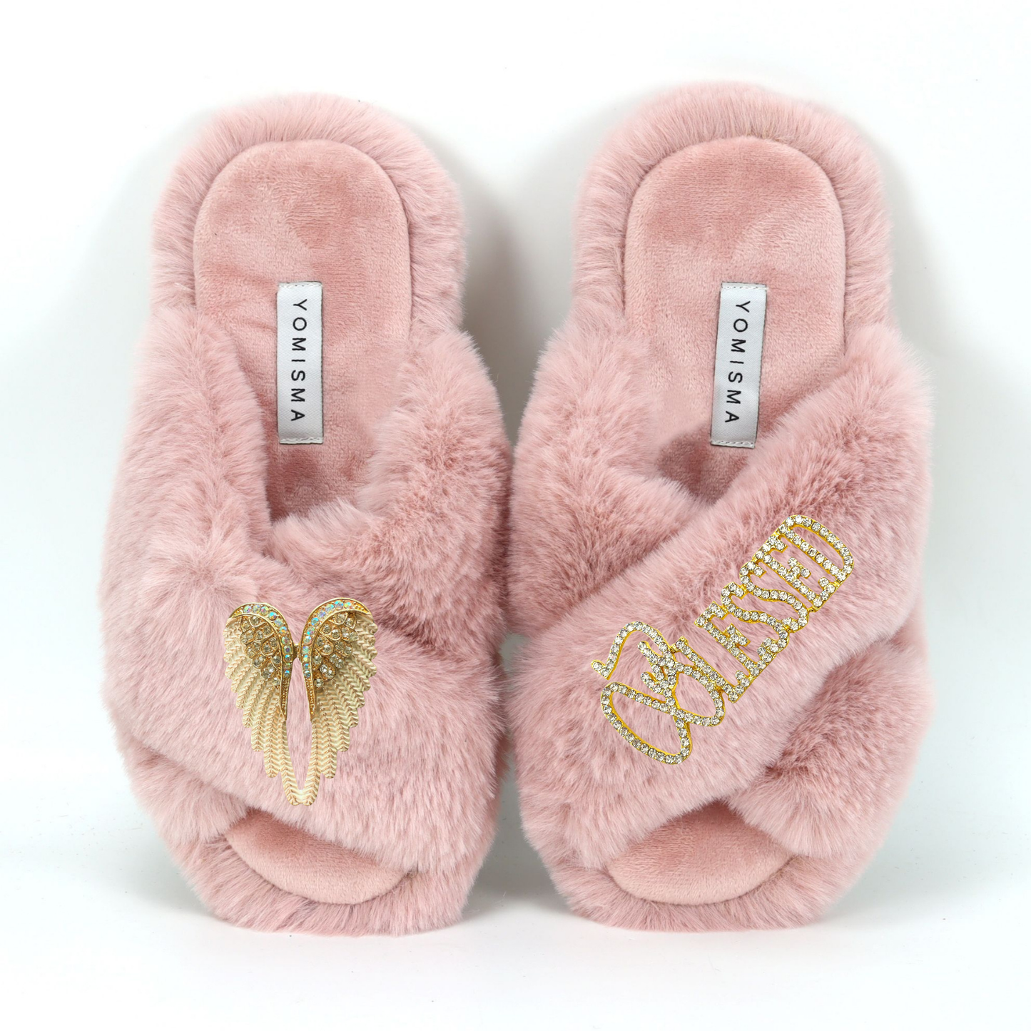 Faux Fur Slippers - Global Recycled Standard Certified with Blessed + White Angel Wing Embellishment