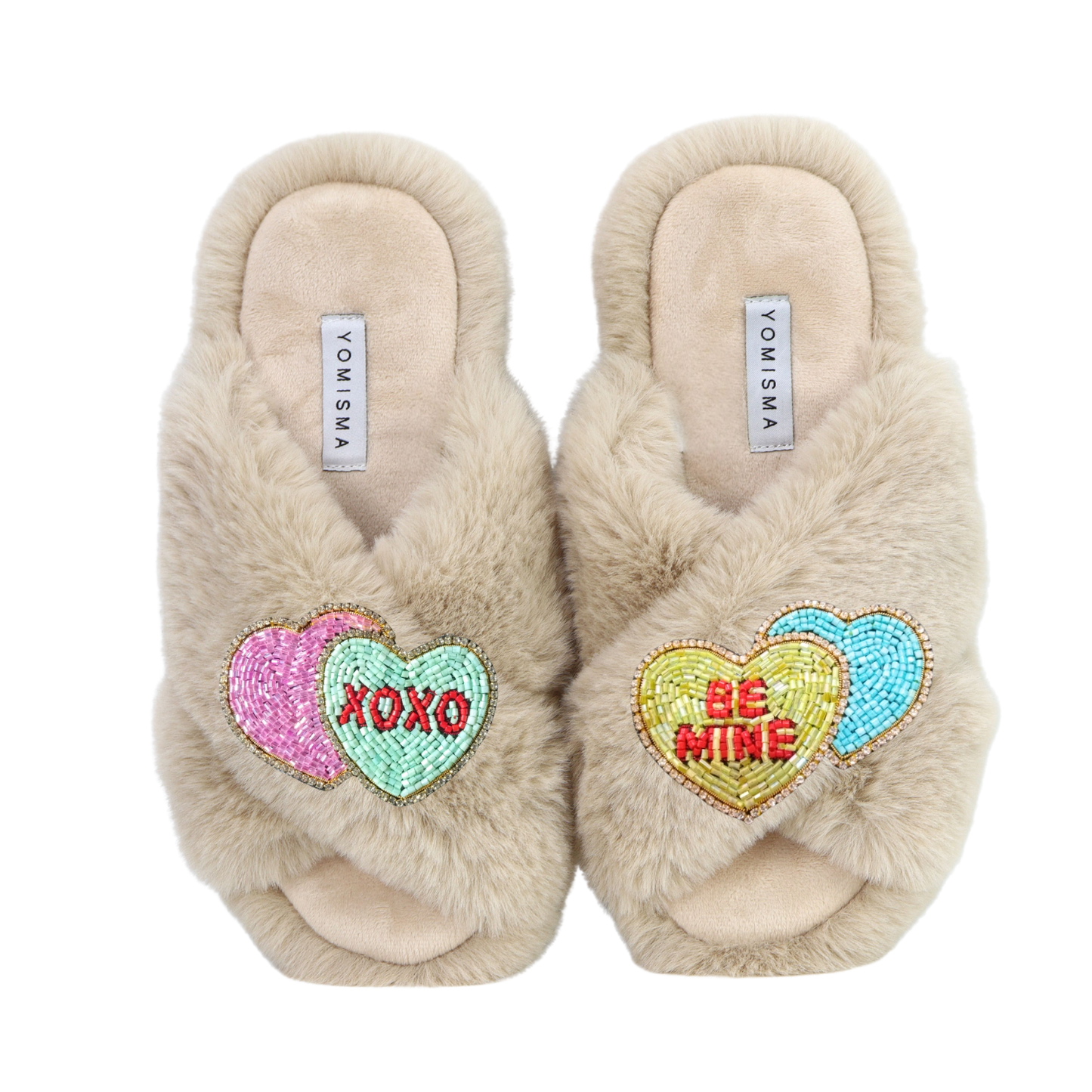 Faux Fur Slippers - Global Recycled Standard Certified with Valentines "Be Mine/XO"  Embellishments