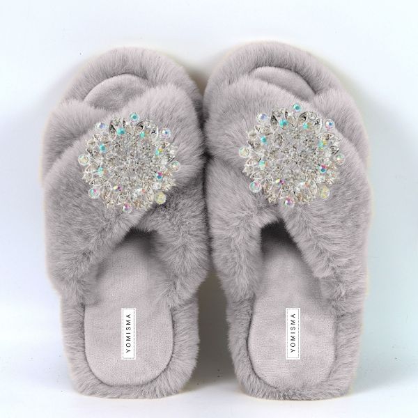 Faux Fur Slippers - Global Recycled Standard Certified with Iridescent Jewel Embellishments